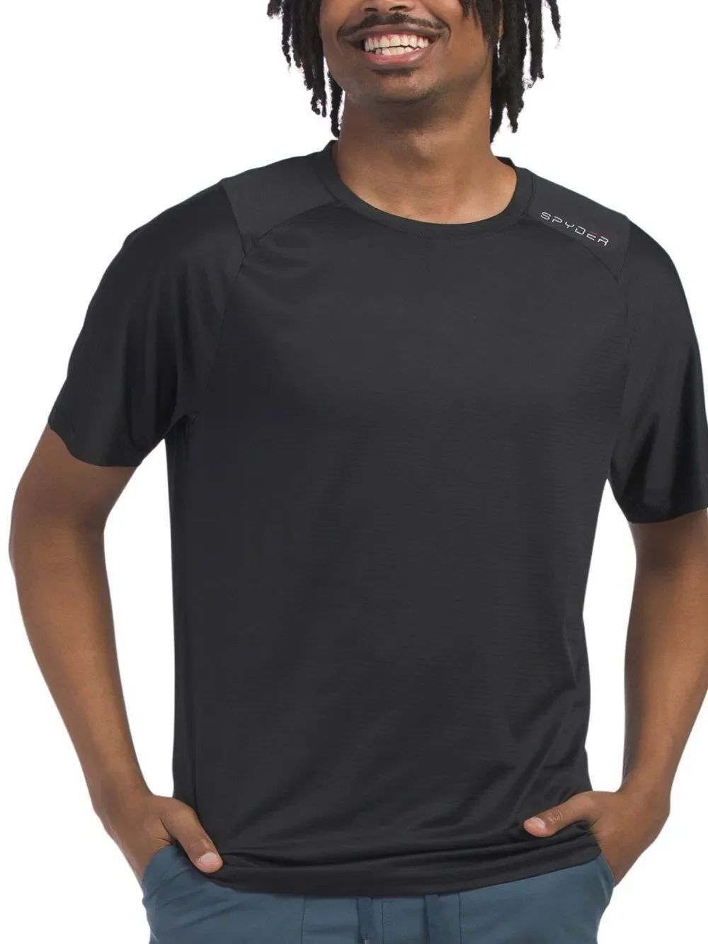 SPYDER M Black Athletic Stretch Logo Accent Crew Short Sleeve Mesh Texture Tee